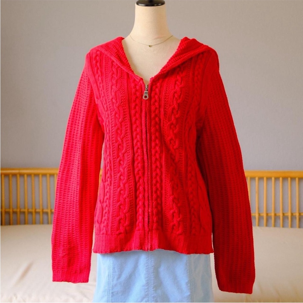 Cozy Cottage Core Red Cable Knit Zip Hoodie